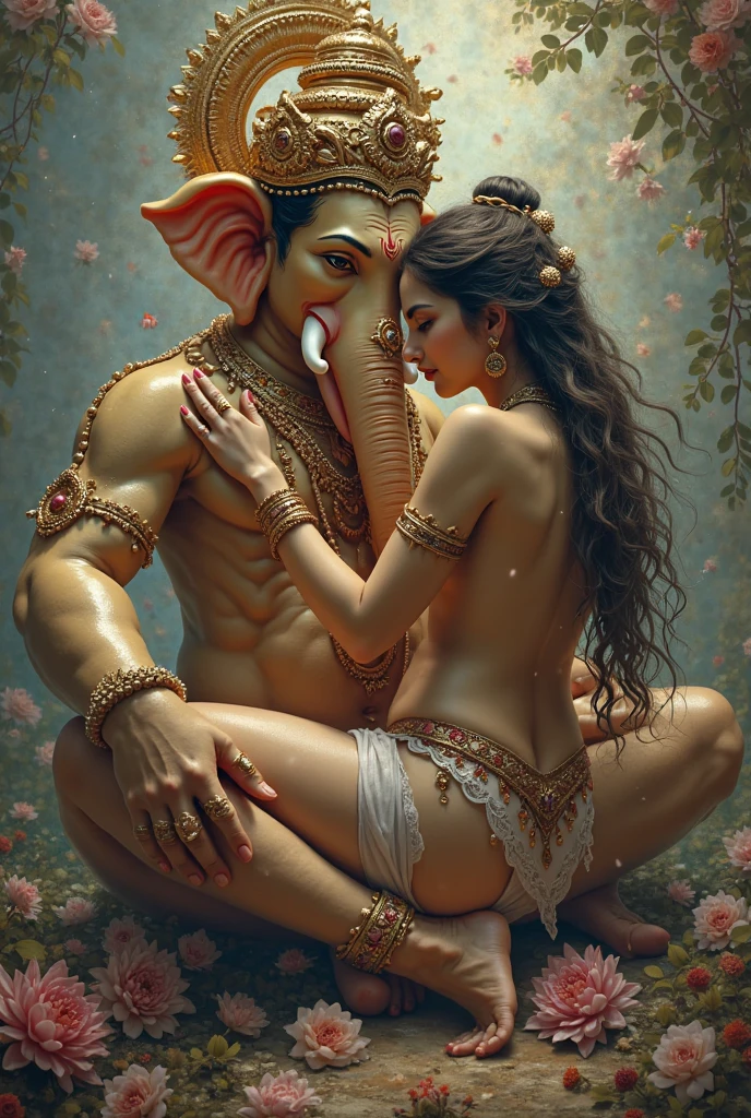 Highly detailed image, lord ganesha elephant god, hugging front facing goddess Parvati,ten arms, weapons and modak in each hand, in trance, from behind, squeezing hips his trunk is coming out between her legs touching her covered vagina front facing goddess sexual bending forward parvati with her smile, tight blouse