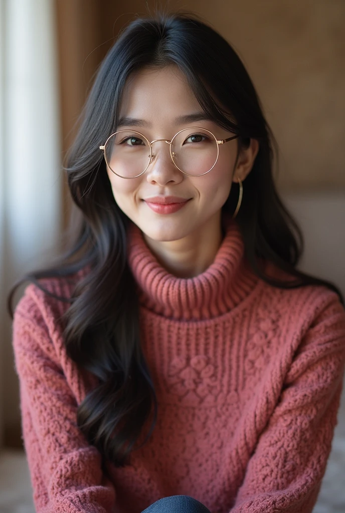 black haired girl with red glasses and pink sweater with big breasts and meaty thighs