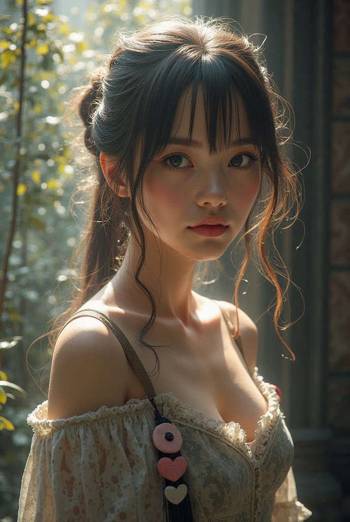 photo, portrait, intimidating Woman floating [a discovery of a wormhole leads to new worlds|a cursed prince must marry a monster], [scifi:fantasy:0.6] cinematic Lighting