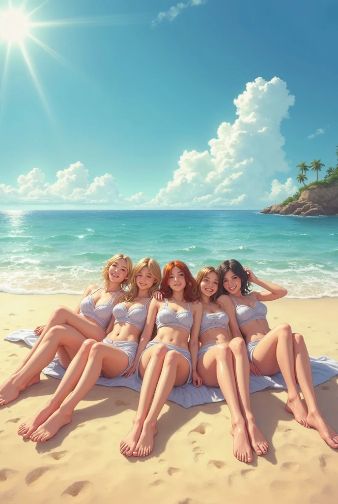 three women in bikinis standing on a beach next to the ocean, realistic bikini, at the beach, posing on the beach, on the beach, deviantart artstation cgscosiety, artwork in the style of guweiz, in the beach, sakimichan hdri, on a beach, standing near the beach, at a beach, beaching