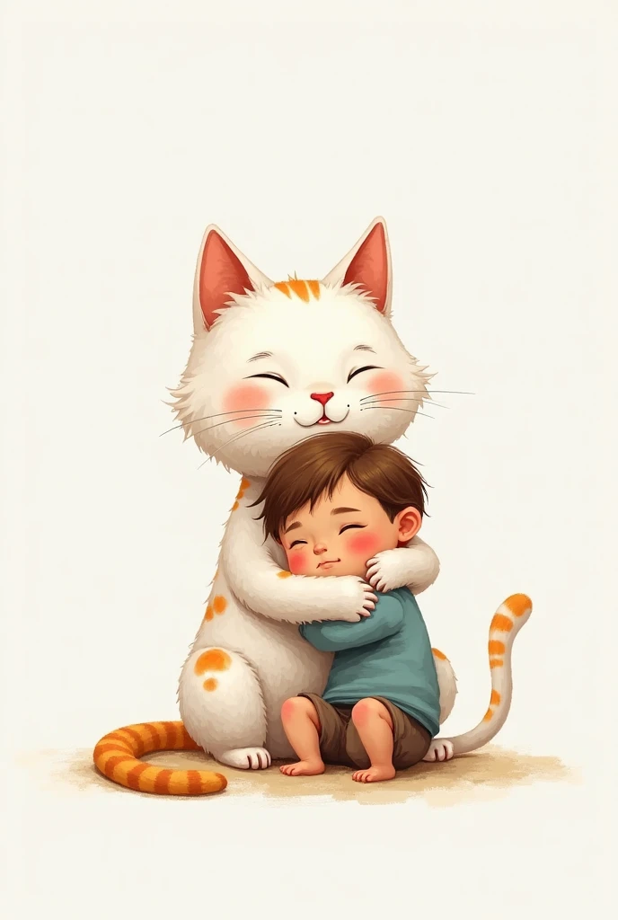 A very happy cat hugging a kid smaller than him really tight