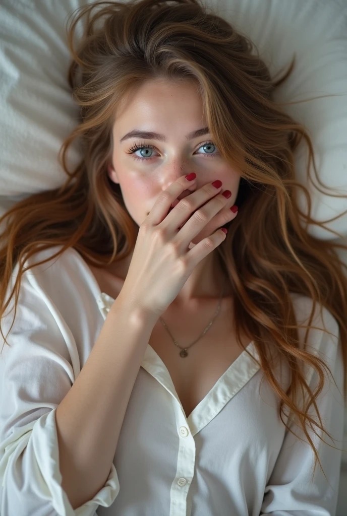 (best qualityer, Ultra-high quality, high quality fingers), Finger correction, highest light, Higher shadow, A girl, lying in the bed, surprised face, shot from above, clear image, Incredible resolution, beautiful effect, breasts big, Unclothed