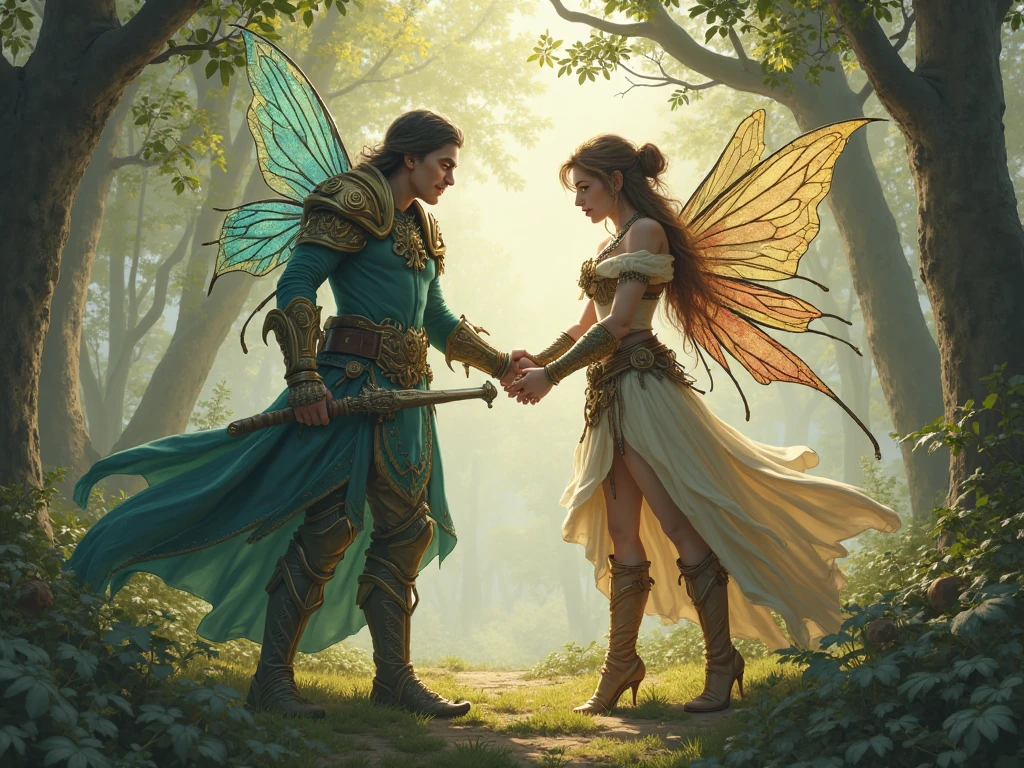  A fairy and a human leaning on their swords
