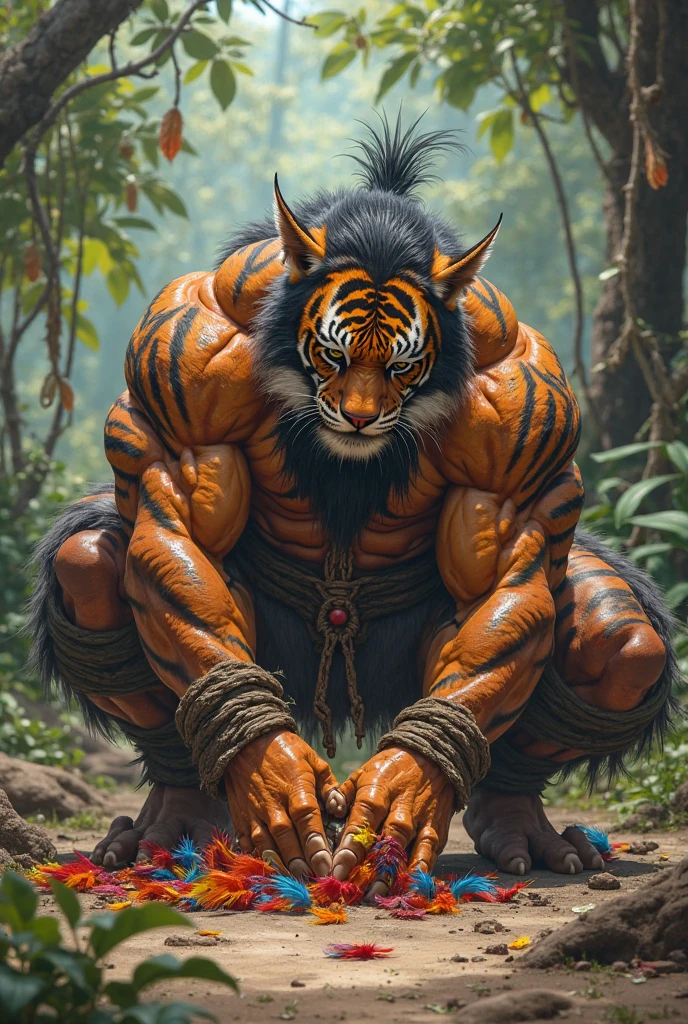 Male tiger orc、Muscle body、Sitting on the ground showing his feet, Very long、There is a lot of chest hair、Long armpit hair、A huge bulge appeared at the crotch of the loincloth,looming and,White loincloth、