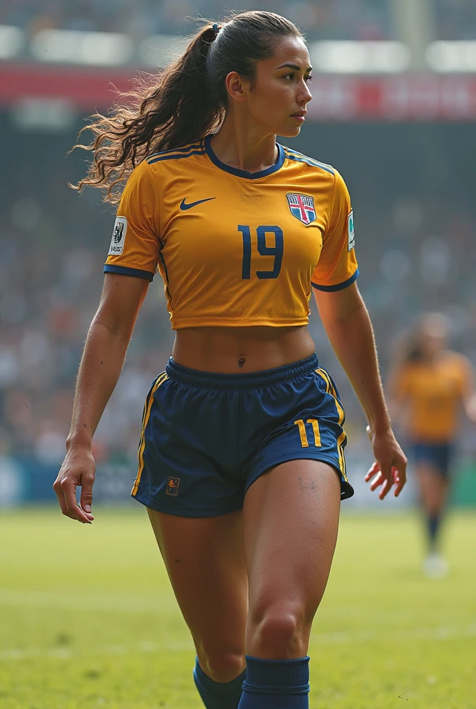 masterpiece) female soccer player, dare, standing on the pitch of great stadium, perfect body, figure, blue football jersey, blue shorts with gold details, white socks, busty chest, perfect body, grey round eyes, fullbody portrait of teeny brown short hair, intricate background, atmospheric scene, masterpiece, best quality, (detailed beautiful face, detail skin texture, ultra-detailed body:1.1), fantasy, feminine+, shiny wet skin, looking at viewer, modelshoot style, (extremely detailed CG), photo of beautiful artwork, High Detail, Sharp focus, dramatic+, (photorealistic), Intricate, handsome, huge breasts:1.5