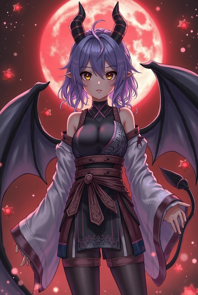 masterpiece, best quality, solo, 1girl, smile, <lora:OffShoulderKimono:1>, kimono, from behind, off shoulder, shoulder blades, night, moon, <lora:Lilith_fp:1>, lilith, head wings, looking at viewer,