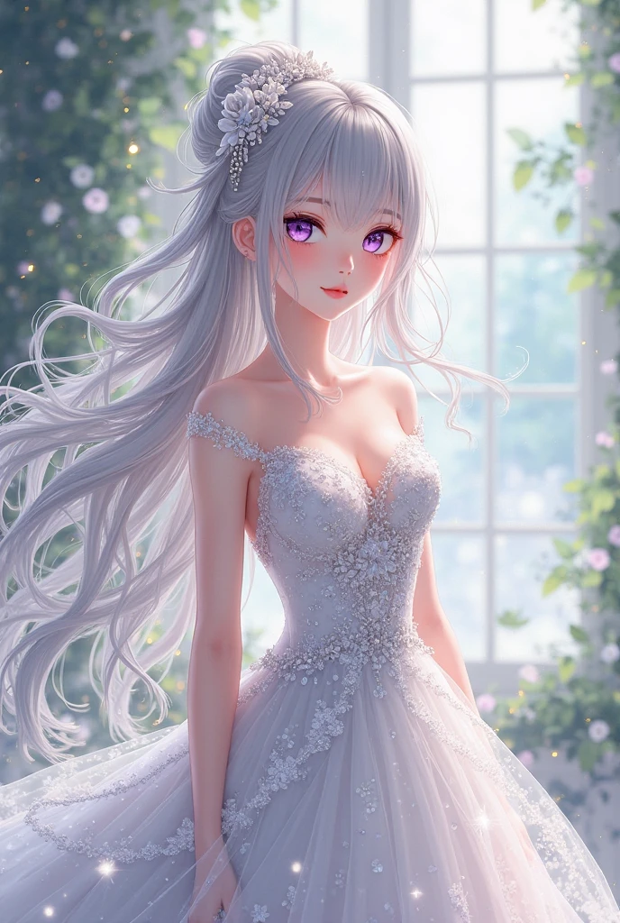 An extremely beautiful girl with silver hair wearing an anime style bridal outfit