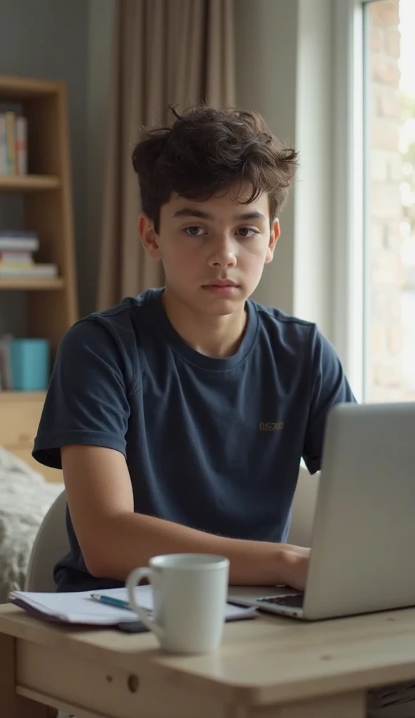A boy sleep near laptop and also a study table on bed
With animation back angle side also a screen of laptop