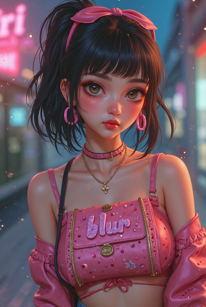This is a Harajuku street-style masterpiece with extreme detail. Generate a trendy ((decora)) cyberpunk woman (standing) in the colorful and chaotic streets of Akihabara, Tokyo in the style of decora street style. The woman's decora and Harajuku street clothes are vibrant, with a mix of textures, neon colors, and inventive layering. Include oversized accessories like cute heart stickers on the woman's face, colorful hair clips and ribbons in different colors and sizes, and dynamic jewelry. (Her eyes are important) and should be symmetrical and detailed with interesting coloring and patterns. Include (iridescence) and (shimmer), glittering light, glowing neon signs, LED lights, (ultra detailed), dynamic composition