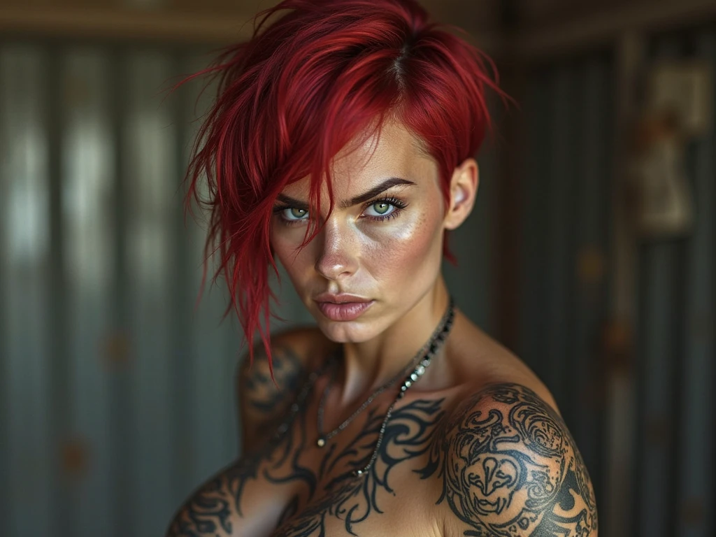 An amazing full body image of a stunning laurence bedard, (24years old:1.5), tall, voluptuous, hourglass figure, (short bangs hairstyle:1.5), (redhead:1.5), (face of laurence bedard:1.6), dressed in leather straps, detailed eyes, detailed hair, stunning facial feature, sweet smile, Perfect grey eyes, ultra realistic eyes, perfect face, perfect body, cinematographic, color analog film photo, Realistic hair, ((perfect face)), full photo of a sexy beautiful girl, Photograph, photorealistic, Evocative pose, ((Beau)), pose sexy, (Looking at the viewer), cinematographic lighting, very high detail, focused background, photo on Fujifilm Superia 400, Low light, 32K, cinematographic composition, professional calibrations, Film grain, colored, Very detailed, photoshoot, incredibly detailed, hot, sexy, very attractive, super model, (photorealistic:1.3), (of the highest quality:1.3), world's best photography:1.3), (professional Photo:1.3), (detailed details:1.3), maximum depth of field, film photography, (intricate details:1), (hyperdetailed:1), tattoos