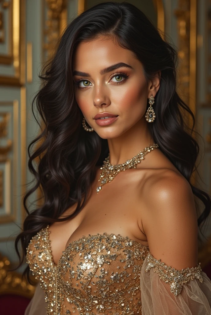 (Meisterwerk), (best qulaity), (fotorealistisch: 1,3), 8K, detaillierte Hauttextur, beautiful detailed face, komplizierte Details, ultradetailliert, A glamorous digital artwork of a woman with striking features; she has flowing, wavy hair, well-defined makeup emphasizing her eyes, and is adorned with luxurious diamond jewelry including earrings and a necklace. She wears a gown with intricate golden embroidery that hints at opulence and sophistication, while the transparent material of the gown adds a touch of elegance. The background is awash with soft