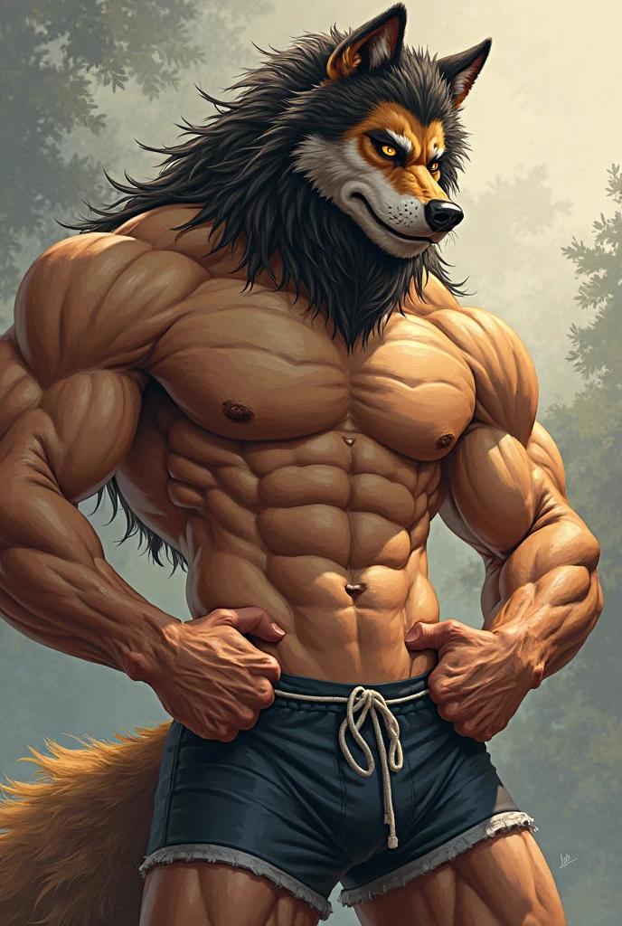 Solo, Furry, Anthro, Bison, Male, E621, Standing, Muscular, Hands behind back, Wearing underwear, Plain background, Front view, By Ksaiden