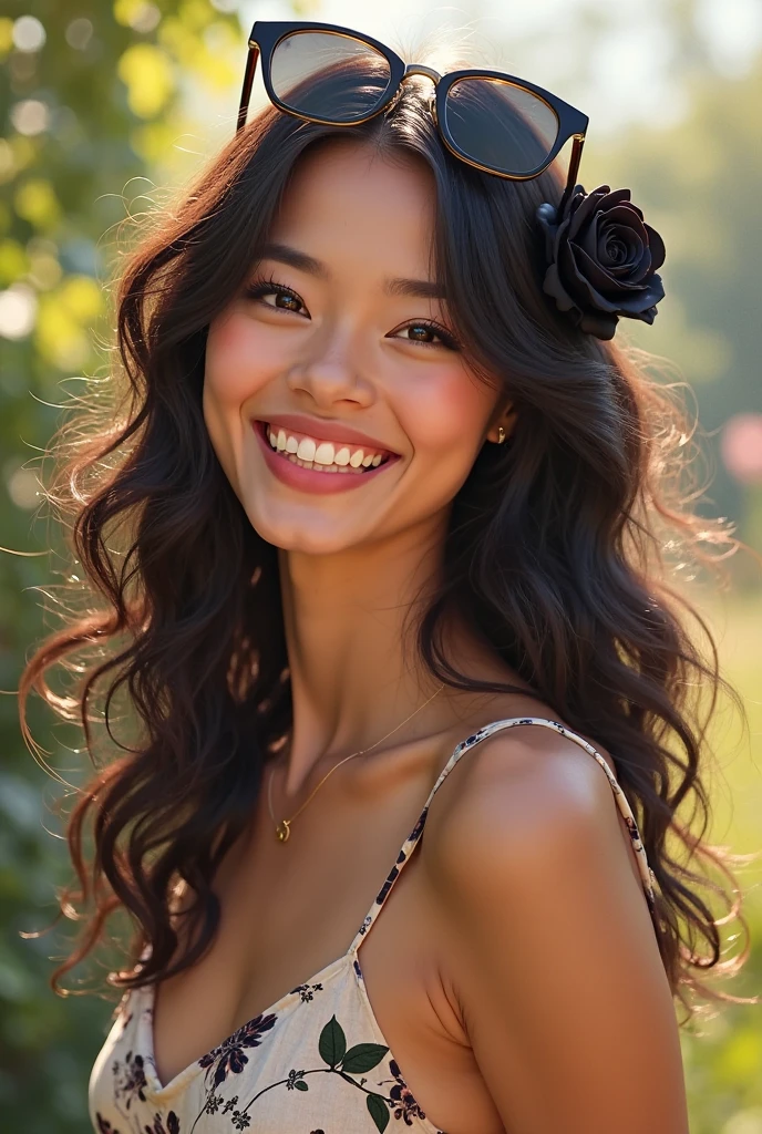 long hair, chest, looking at the audience, smile, black hair, depth of field, high resolution, Hair highlights, red lips, fisheye lens, Hair flowers, 