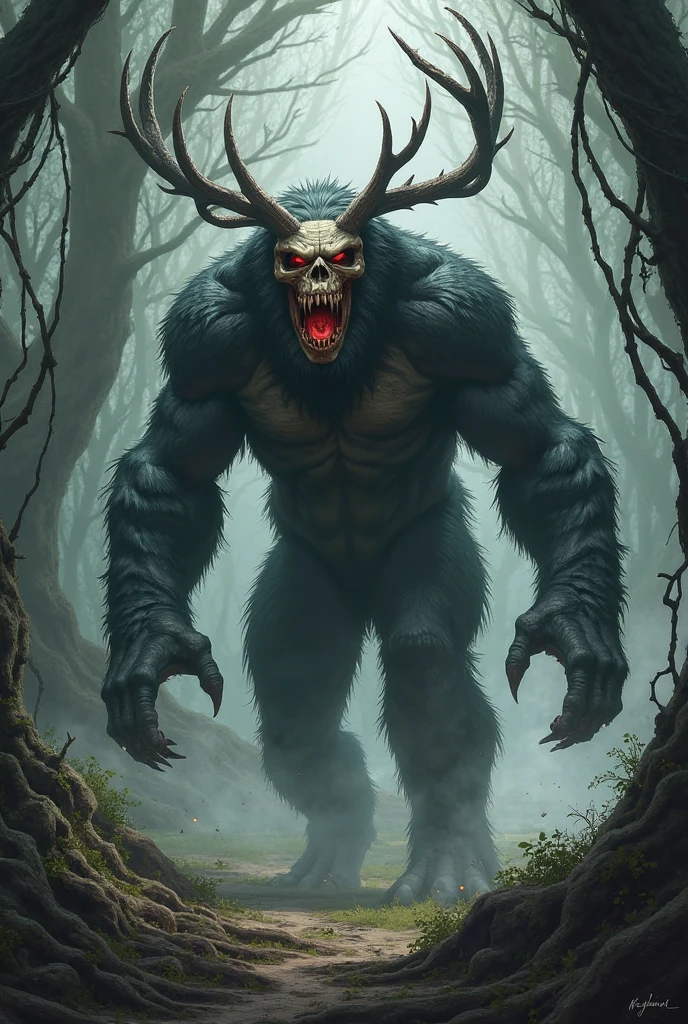 full body portrait of scary big black beast, very tall, four legged, scary skull head, bone, bear skull face, [deer | tiger | wolf | wendigo | bear], hybrid beast with beryl green eyes dark mysterious forest scenery, fantasy, dark fantasy, full body, cinematic, render, 8k, unreal engine, realistic, masterpiece, high detail, full body, low life, volumetric lighting 