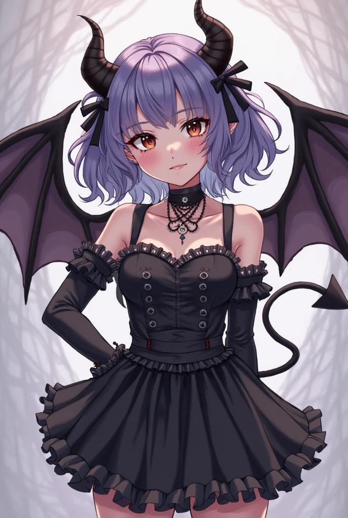 As an image of my hero academia the character is female and 15 years old. His hair is black and must be wavy and somewhat disheveled., falling to a little below the shoulders. Her eyes will be black and she will have an assimilation of the character Toga Himiko.
He will have white and black bat wings and a black cat tail..
She has a slim body and not very big breasts. She dresses the character in an elegant dress.