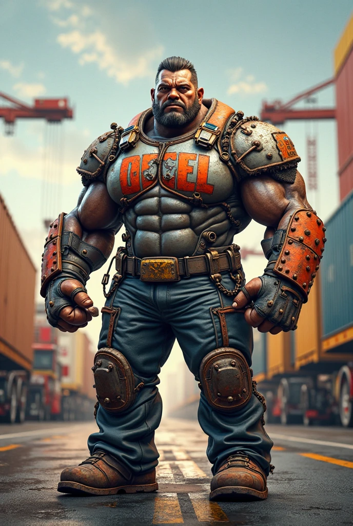 Overwatch mauga wearing a wrestler outfit with army boots elbow guards and knee guards, shoulder pads,black and orange colored outfit with pants 