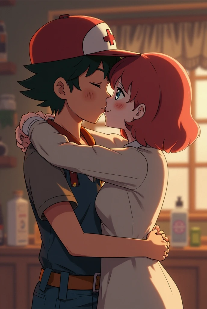 Create an anime version of Misty and Ash as parents.
Misty and Ash are asleep on the couch.
