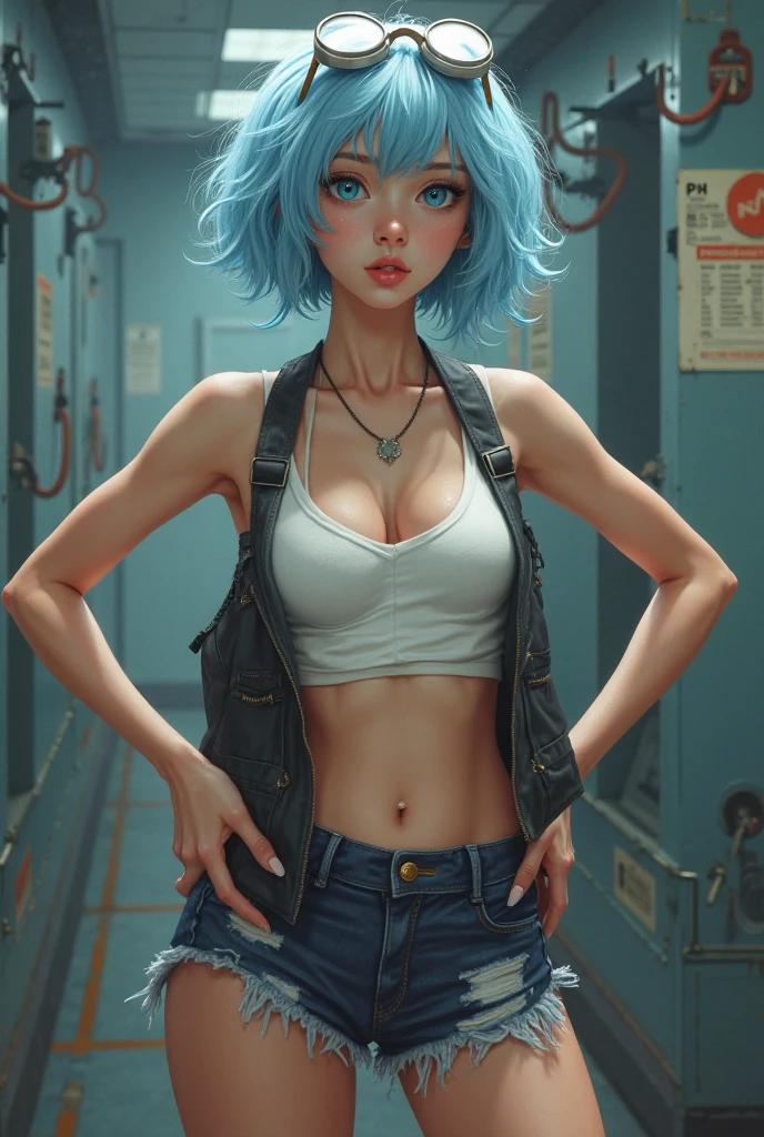 ((Bulma from Dragon ball animated series))(big glowing eyes)(bright red lips)) ((short blue straight hairstyle with bangs))((dark eyeshadows make up))(((very huge breasts))) ((perfect slim body))((wears white t-shirt, low cut pants)) (red scarf tied around neck) ((posing sexy inside capsule corp building)) (high definition, dynamic illumination and shadows) ((masterpiece)) (8k)(perfect face)(best quality) (perfect hands and eyes)