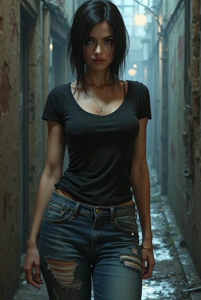 a 35 year old girl, with short hair, front view , (slim skinny woman:1.8), very slim body, open legs, (slim hips:1.8), tanned skin,High Quality, sensual model, Wearing a (daring tight cotton bodice:1.7),(off-shoulders:1.5), (amazing cleavage), (elbow squeeze:1.8), (arms down:1.3), (small breasts), (tight low rise denim pants), slim hips, hips and groin showing, open legs, low afternoon light, forest, dark ambient, low light, mistery scene