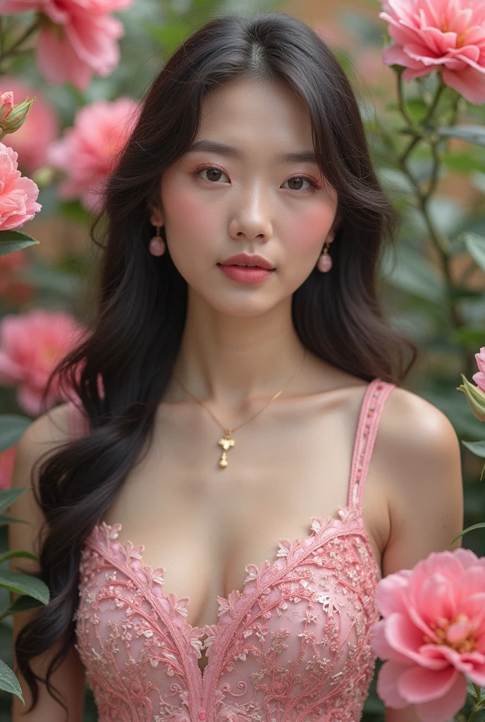 Canon RF85mm f/1.2, masterpiece,best quality,ultra highres,1 girl,lying,flower,off-shoulders dress,long hair,red dress,hand on own stomach,black hair,jewelry,earrings,colorful flower,rose,pink rose,on back,lips,breasts,eyelashes,collarbone