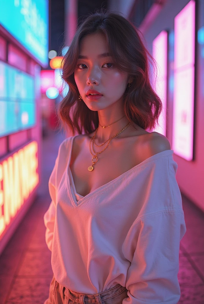 "Portrait of a modern South Korean woman, with flawless skin, big eyes with soft makeup, and shoulder-length light brown wavy hair. She is wearing trendy Korean fashion (oversized top, short skirt, white sneakers). Background with urban neon lights and LED panels, in a K-pop inspired setting. Vibrant lighting, realistic style with fashion editorial touch."