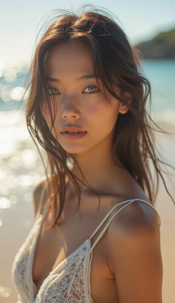 Unbelievable photography,((photorealistic,)),beautiful Japanese girl,18old,black bikini,beautiful face,stern expression,glare at,semi-long hair,peer in from below,beach,high quality,photorealistic,dslr