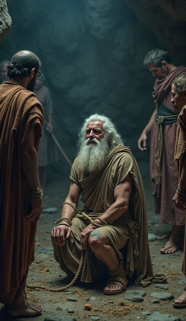 "Create an image that represents the biblical scene from Job 2:9-10. Show Job sitting on the ground, covered in wounds and sores, with an expression of pain, but still maintaining its integrity. Beside him, your wife is standing, looking at him with an expression of despair and frustration, while suggesting that he curse God and die. with his shaved head white hair an elderly gentleman and the surrounding scenery is desolate and gloomy his wife and an elderly lady
