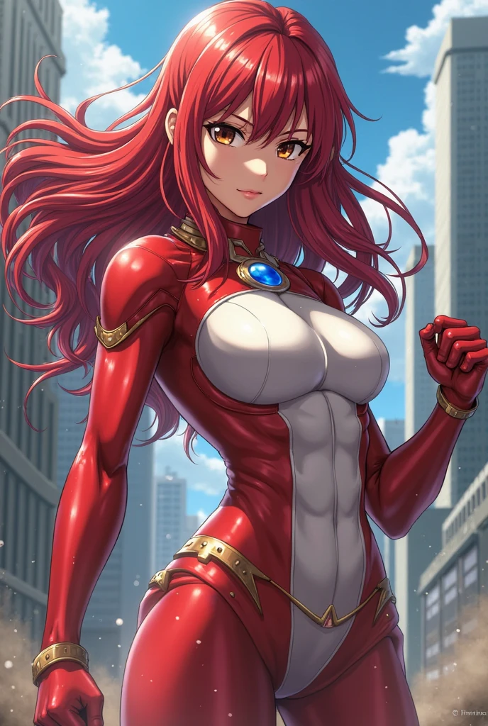 Adult woman, long red curly hair, Heterochromia, red and yellow eyes, fox ears and tails, Superhero Uniform Red, open thighs, fire, Masterpiece, hiquality