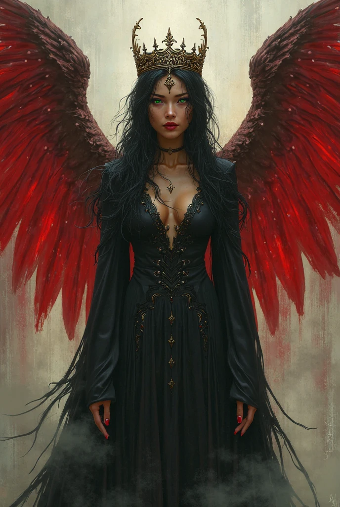 full shot, an illustration of Chelsea Wolfe, beautiful, sensual, transparent gothic red clothes, in the style of restrained palette, distressed materials, realistic color schemes, hieratic visionary, figura serpentinata, nicola samori, bold yet graceful, perfect black skin, perfect body, extremely beautiful, extremely tattooed, red swan wings