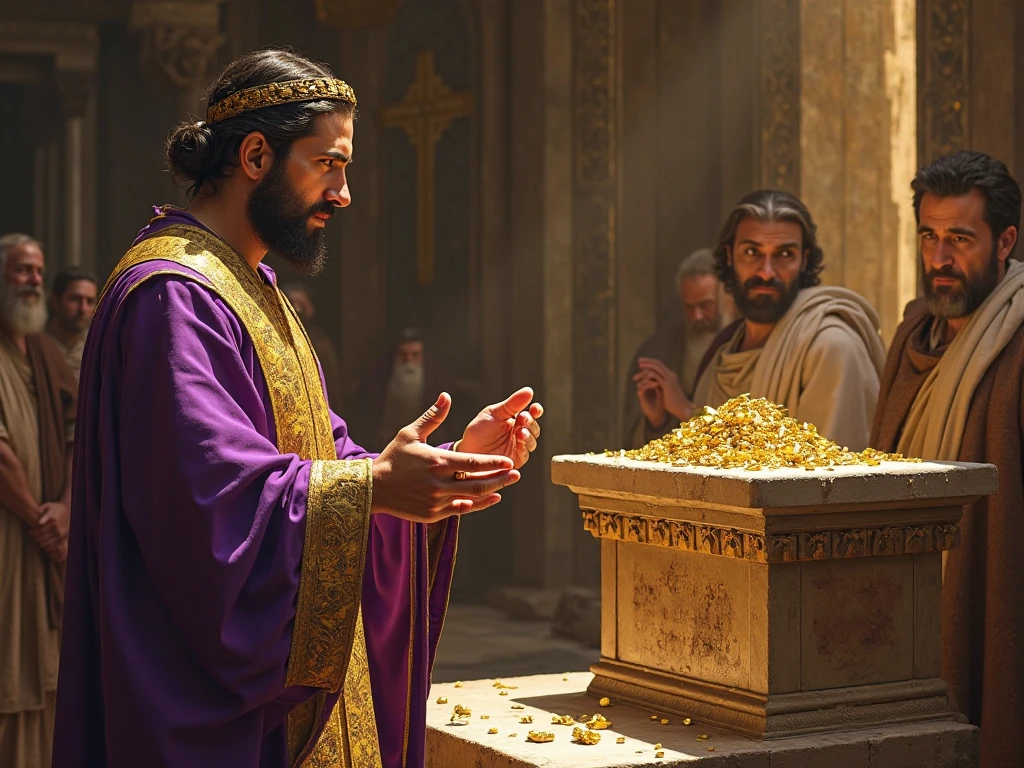 Create a realistic cinematic scene that depicts King David in a solemn and majestic moment as he brings the Ark of the Covenant into the city of Jerusalem. His face, a box of 1,25 m long by 0,75 m high and wide, must be presented with intricate details, including its golden surface and the two rods also covered in gold, that are fitted on the sides. David must be dressed in royal robes, adorned and colorful, reflecting his status as king of Israel. 

Ao fundo, visualize a crowd of people, including men, women and children, who come together to witness this historic moment, some holding palms and others singing in celebration. The atmosphere should be vibrant and emotional, with flags waving and a clear blue sky in the background. The focus should be on the expression of reverence and joy on David&#39;s face., that holds the Ark firmly, as it advances towards the city, symbolizing the union between God and his people.