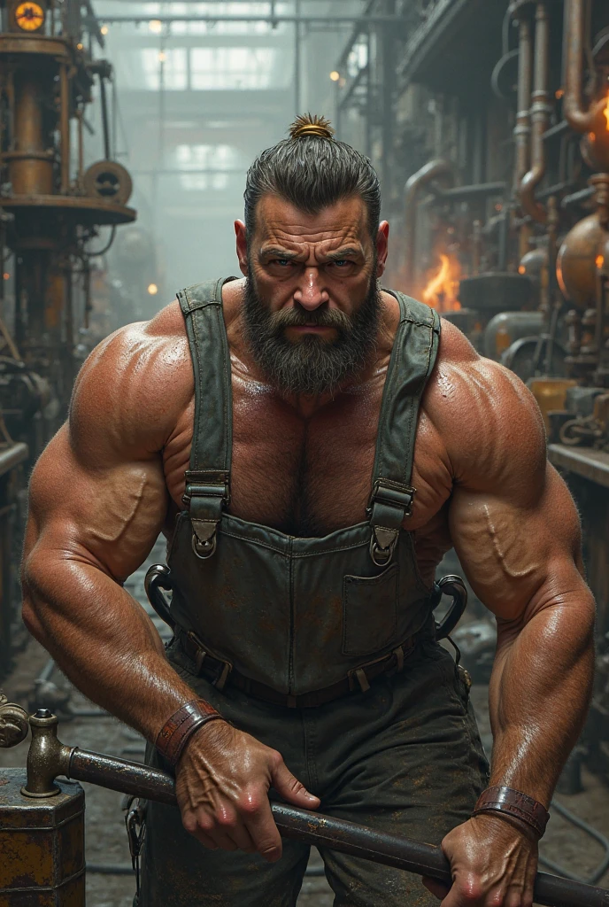 An absolute monster of a Caucasian bodybuilder is dressed as a Blacksmith. His shoulders are three times wider than his narrow waist and his delts are tremendous!