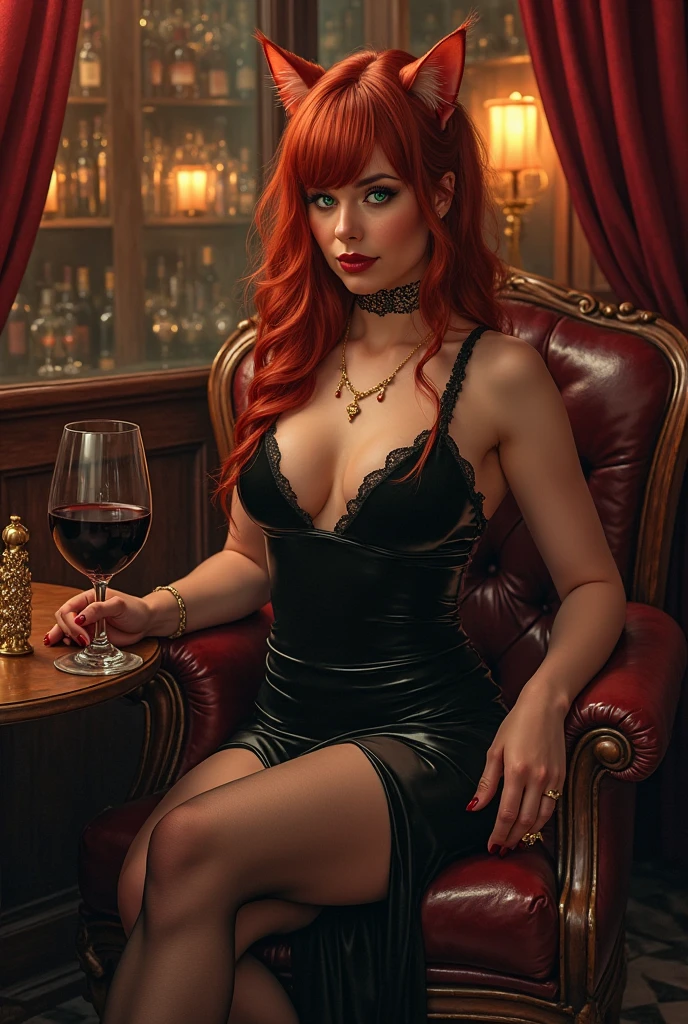 ultra realistic, photography, long red straight hair, girl, 30 years old, hourglass figure, perfect fit body, natural big breasts, seductive look, masterpiece, super detailed, detailed face, beautiful eyes, detailed eyeshadow, lip details, red lipstick, full body picture, dark eye makeup with eyeliner, wearing a black high-leg-cut shiny latex evening dress, she has a great round cleavage, hourglass body, she is sitting at a bar, she is wildly kissing a handsome guy,