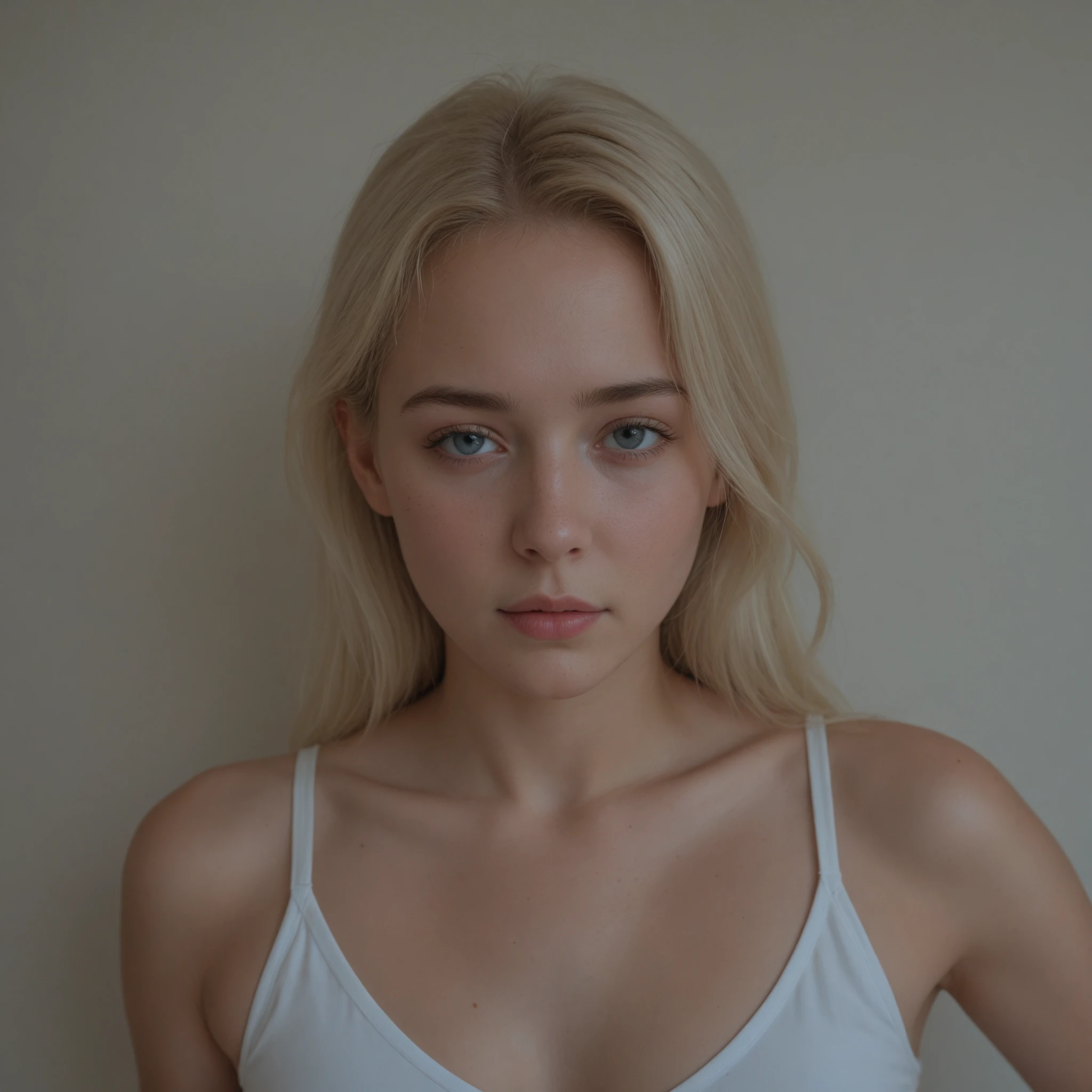 A troubled looking 19 yo blonde teen girl in a white tank top in a space station. Cleavage. Close up big nose. Full lips. Eyes wide. Slender face. Dreadlocks