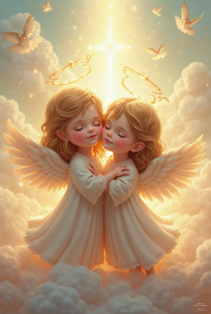 "A heartwarming scene featuring a young guardian angel, depicted as a child with delicate wings, gently wrapping them around an adult figure in a protective embrace. The child angel has a tender, innocent expression, with soft, golden curls and a glowing halo above their head. They are dressed in simple, flowing white garments that contrast with the warm, gentle light surrounding them. The adult, who appears calm and reassured, is standing or sitting beside the angel, with a peaceful expression, bathed in the angel's comforting glow. The background is a serene, celestial landscape with soft clouds and a gentle, warm light, symbolizing the protective and nurturing presence of the child angel."