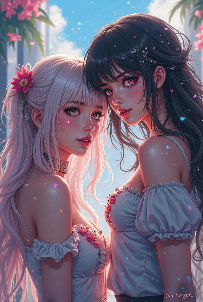 Best quality,Amazing,Masterpiece,Delicate,超高分辨率,Ultra detailed,intricately details,Beautiful detailed,8K resolution,(Extremely detailed Cg Unity 8K wallpaper),Sharp focus,((No text)),breast conscious,gigantic cleavage breasts,Areola Slip,Covered,Bursting breasts,Lively breasts,framed breasts,High transparency and transparency of dropped tulle bikini,,Tongue stock,Makeup,Happy,Reflectors,ahegao,Pink eyes,Heart earrings,2girls,Female pervert,view the viewer,hair flower,Long hair,multicolored hair,Shiny hair,Barefoot,Bottomless,Thick thighs,Bare legs,Look at each other from the front、((Feminine kiss))、(((French kiss for women)))、Women hugging each other,As if pushing each other、Staring at each other、Moist eyes、half-open lips、Beautiful、Red blush(0.2)、Functional、seductiv、Trance、instigate、Beauty、bustup、Shunguang、、Shoot diagonally down from the front、precise drawing、Detailed drawing、Precise anatomy、