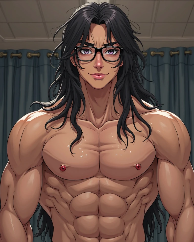 high quality, (soro japanese teen boy:1.5), (detailed eyes), (black long hair), (muscle:1.5), naked, (dark wet skin), (detailed puffy nipples), black tiny thong, bulge, smirk, looking at viewer,