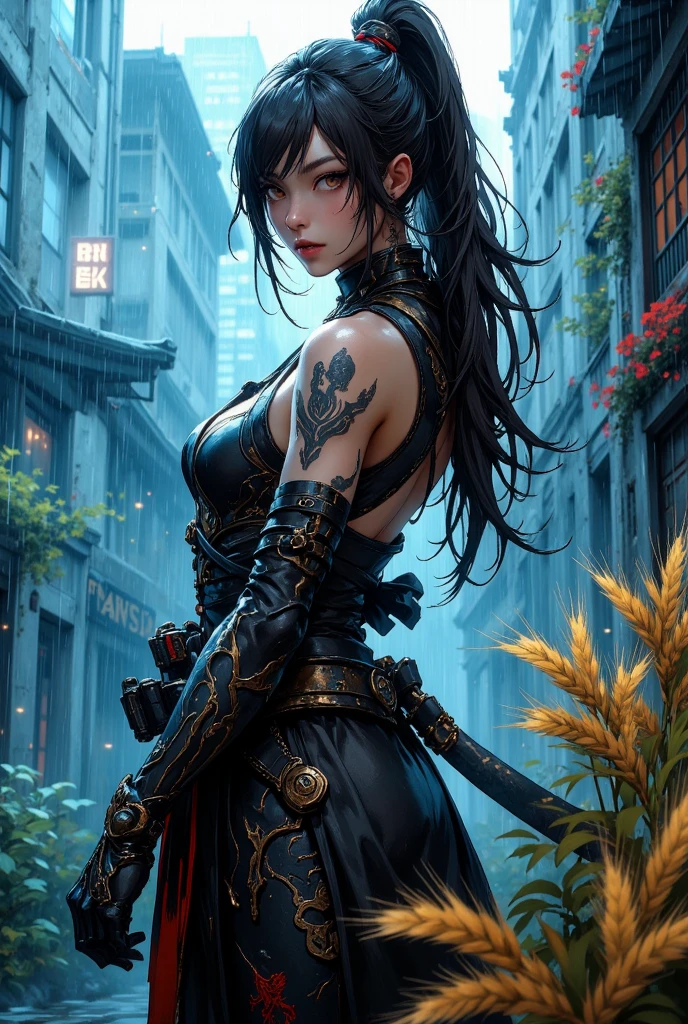 a female character in her 20s with long, straight, non-curly black hair, no bangs, pale skin, and steely black eyes, exuding a calm, dynamic posture, one leg bent while holding a long sword across her body, wearing a rather thin, hip-length red high-necked tank top, a very short black leather skirt, fishnet stockings on her left leg, black thigh-high stockings on her right leg, brown high boots, a small butterfly tattoo on her right shoulder, a black bracelet on her left hand