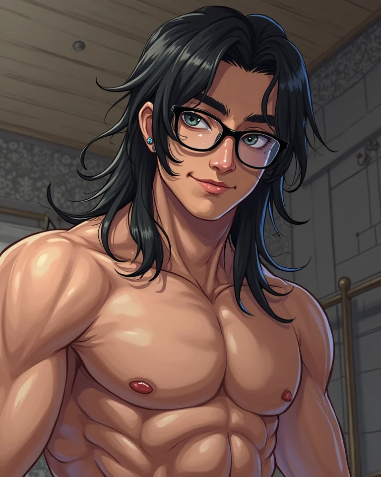 1 MALE WITH PERFECTLY ROUND GLASSES, BROWN SKIN TONE, SKINNY BODY, SOUTH ASIAN, BLACK HAIR, WOLFCUT HAIR, LONG HAIR, BANGS, HAIR DOWN, HAIR COVERING FOREHEAD, BLACK SHIRT, GAMER, LONG SLEEVE