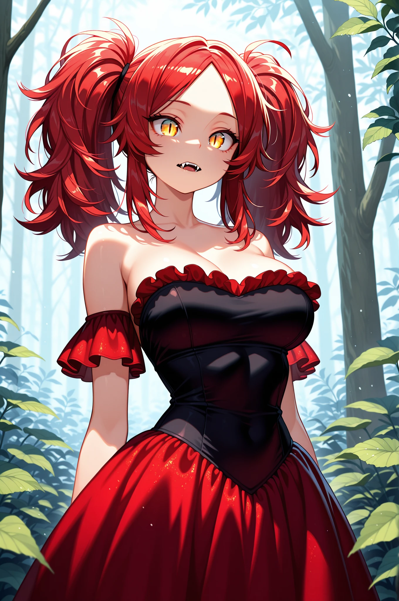 masterpiece, best quality, highly detailed background, perfect lighting, best quality, (extremely detailed face), volumetric lighting, intricate details, shadow, tonemapping, sharp focus, hyper detailed, trending on Artstation, (solo) ((Looking at the viewer)) (long red hair) (Hair over face) (only one eye visible) (dressed in black) (satanic necklace) (black eyes) (curvy) (Big breasts) (black corset) (transparent skirt) (fishnet stockings) ((Blue eyes)) ((human)) (sexy) ((Satanic ritual in the forest))