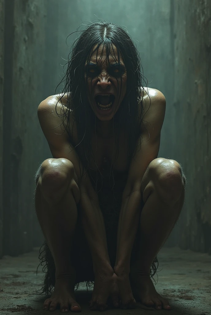 Black Sky, Sinister Night, Woman wrestling in the dark, At the bottom of a deep pit, drowning in a swamp. (standingn). Danger. The surrounding forest is dense, Sinister and gloomy, Casting strange shadows on the ground. Impending Doom. luna, Hidden behind heavy black clouds,,,,,,,,,,, (Low Stage Lighting). The woman is emaciated, Her muscles cramped. her hair is messy, fully naked and dirty, Stained with mud. She looks like a creature from a horror movie, She found herself trapped in a dark and hostile environment with no hope of escape, Loses control from ecstasy