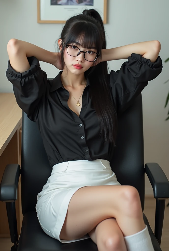A fair adult woman with black hair draped over her shoulders and black framed glasses. She wears a black suit with a white shirt inside and a black short skirt. Her appearance is sweet, her facial features are exquisite, and her figure is beautiful. She sits on the sofa with her left hand holding her glasses