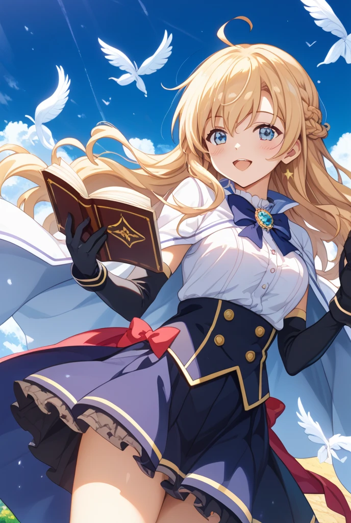 1girl, bangs, dark blue eyes, blonde hair, hair between eyes, medium hair, looking at viewer, smile, solo, twintails, homare_onishima, armor, book, boots, breasts, cape, dress, floating object, full body, gloves, holding, holding book, looking away, medium breasts, navel, open book, shiny, solo, thighhighs, white gloves, zettai ryouiki, <lora:add_detail:0.7>