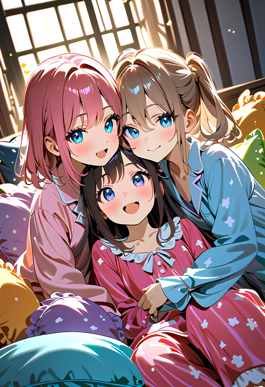 pajama party Girls' party holding cute colorful cushions