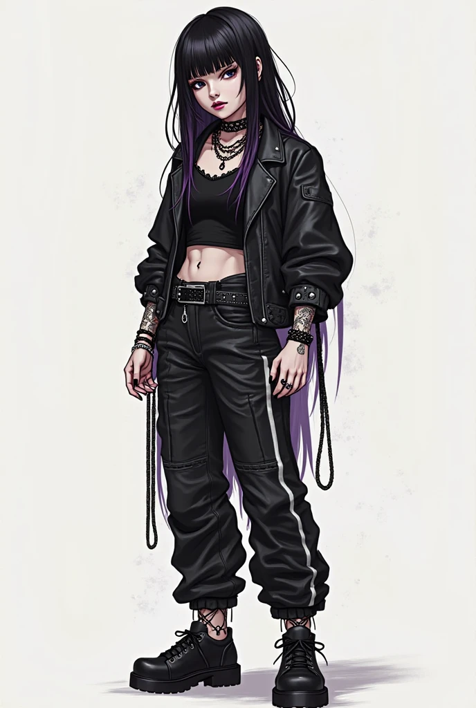 a woman with black and red hair and piercings and technological plugins, seductive cyberpunk dark fantasy, female cyberpunk anime girl, non-style artwork by guweiz, muted cyberpunk style, dark cyberpunk illustration, Gothic Punk - Cyberpunk, jet black hair cyberpunk girl, dark fantasy character design, dark purple hair and cybernetics, 1 Detailed Gothic Anime Girl. , beautfull woman, arched eyebrow, neon red eyes, blackquality hair, pixie cut and mohawk, with red dreadlocks, cyber plugs on the body and tattoos. Wearing a black jacket and a red and black crop top. He wears a technological bracelet on his right hand., e do bracelete, a neon red whip comes out. Environment is a corridor of a spaceship. Arte de estilo anime opera space e dark fantasy. Dead Space-like environment.
