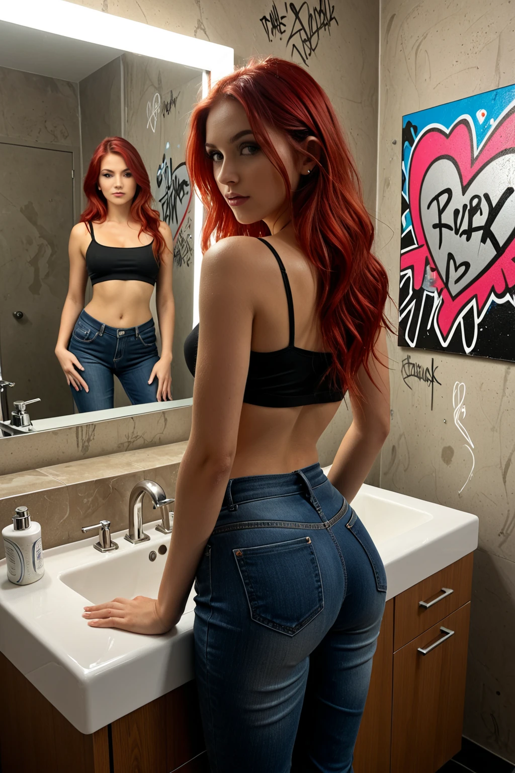 Red haired Curvy Latina with green eyes in blue shirt and white cotton high cut panties, lifting shirt, realistic art style, intricate details