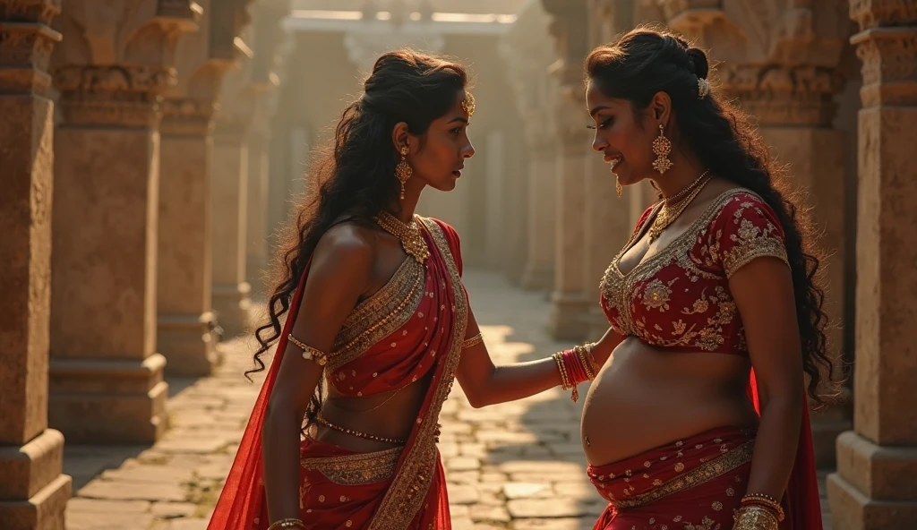 Two pregnant indian queens stabbing each other violently in the stomach with knives in the royal bed chambers,  with their servents watching and crying 