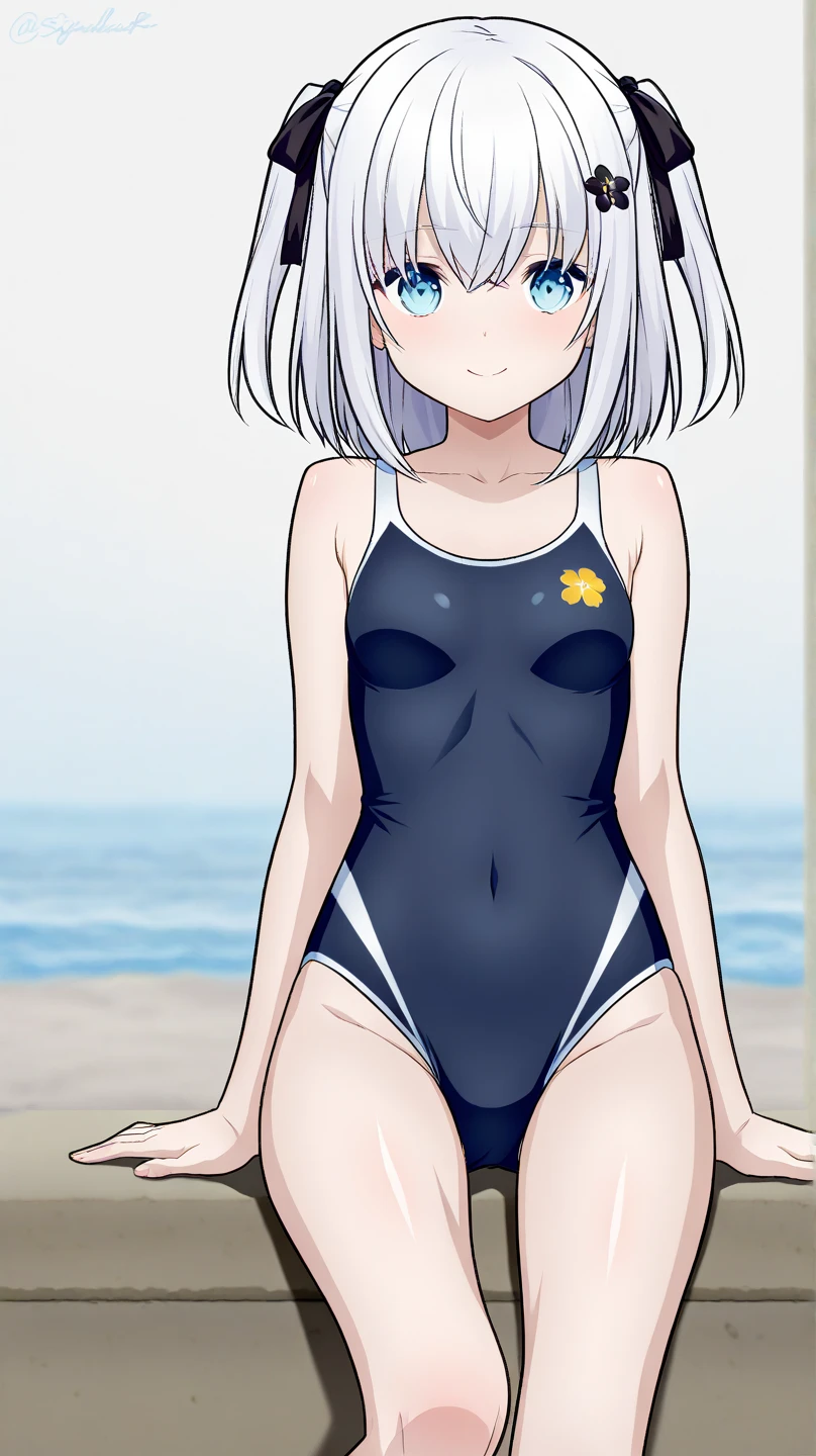 (best quality), (masterpiece),(highres), (lawine_sousounofrieren:1.10), (Lawine), 1girl, closed mouth, looking at viewer, small Breasts, ( White competition swimsuit: 1.5), hands on hips, Carboy shot, standing, standing, crowd, outdoors, bloom, poolsaide