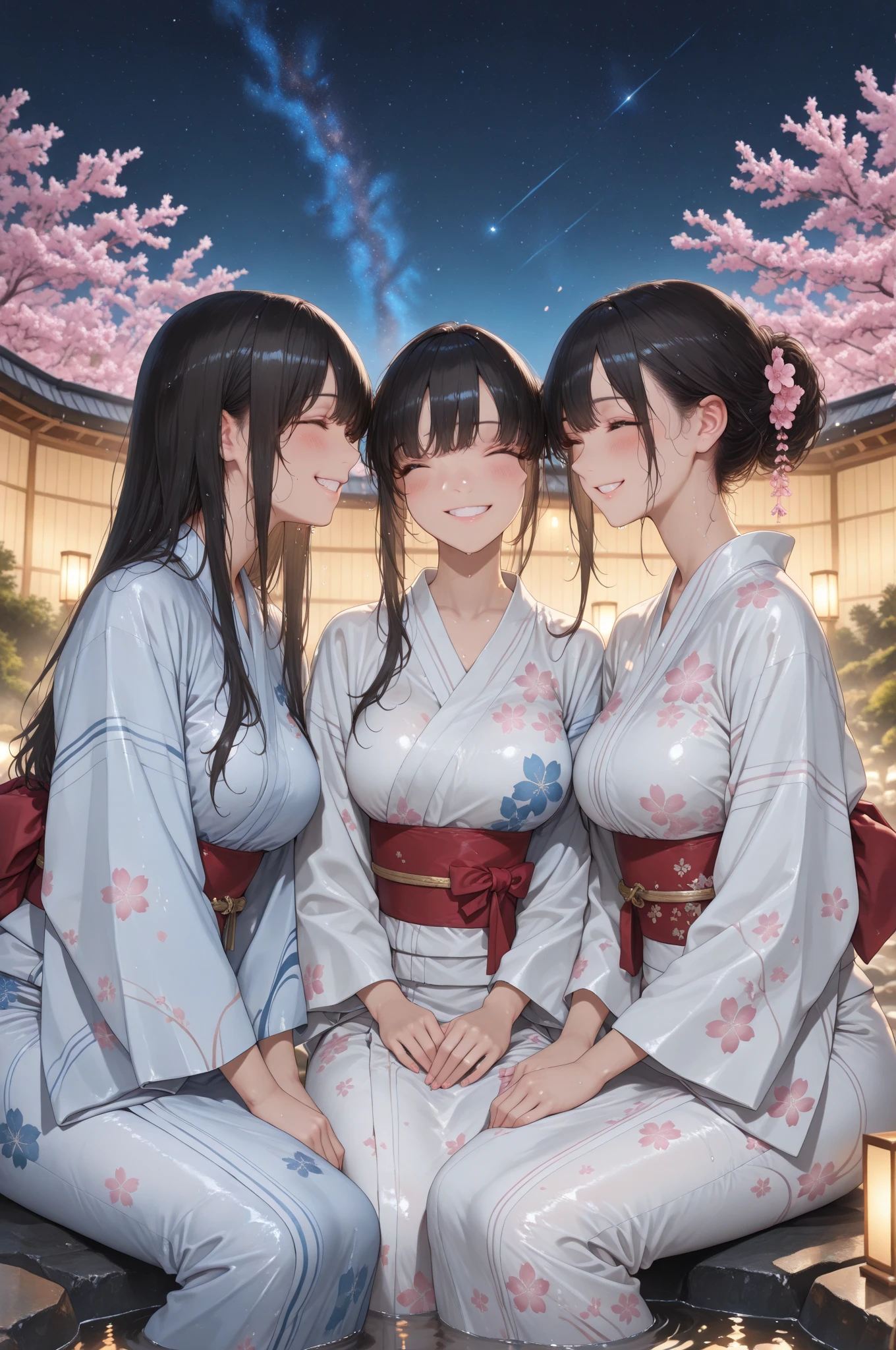 Highest quality, Super detailed, (Ultra-high resolution,8k), Ultra-high definition 4K, (Perfect Anatomy, Anatomically correct), (The three pure shrine maidens), (Detailed shrine maiden costume), ((空に舞うDandelion fluff)), (embarrassed face), (High-quality facial beauty), (Photorealistic), (Detailed big breasts), Soft Skin, Glowing Skin, Bright lighting, colorful, A sparkling smile, Dandelion fluff, shirtlift