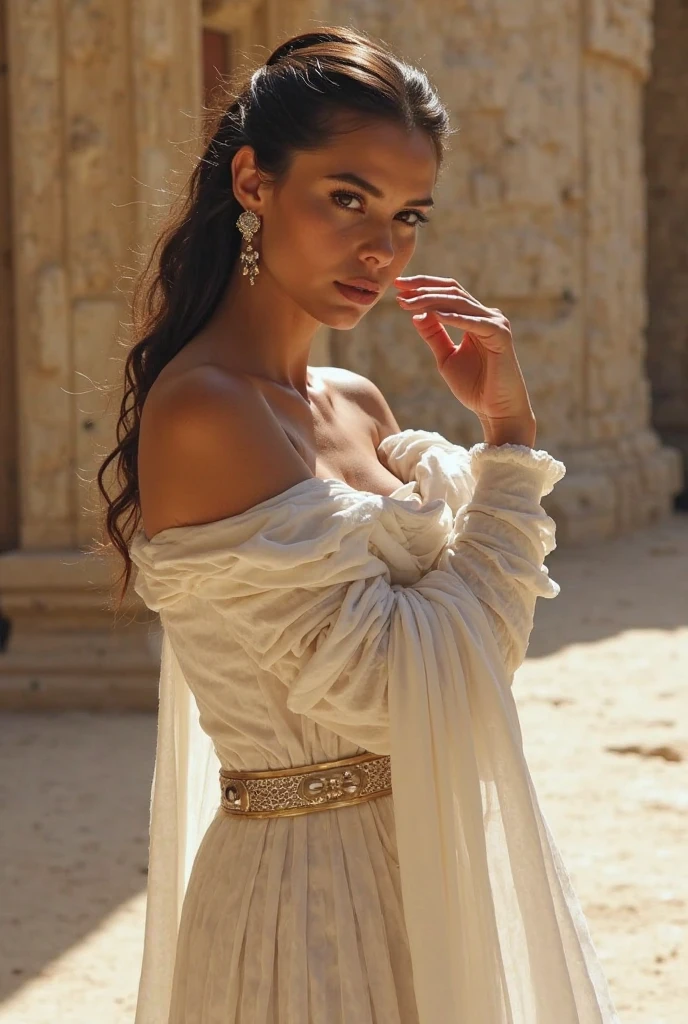 Photograph of a beautiful human woman with a sharp focus, black hair, extra very long hair, braided, black hair , the perfect body, detailed skin texture, (Slim), (Highly detailed white silk dress in Empire style), (a perfect face, Perfect eyes), (Inside her kingdom, Inside the Great Castle:1.5)