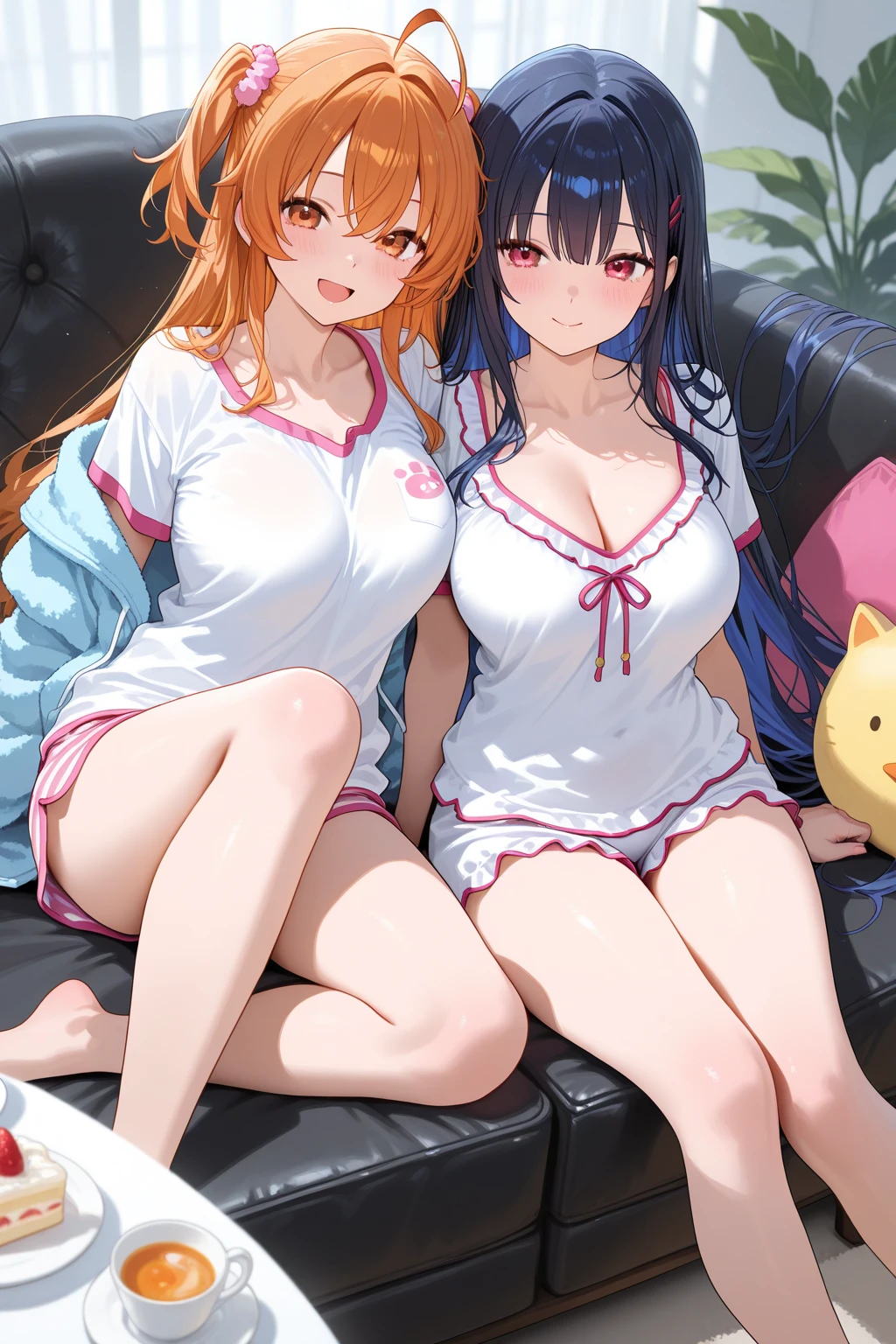Two beautiful young women, Anime Style, Detailed face, Redhead, Red eyes, Delicate features, Soft lighting, wearing cheerleader costume, Sleeping in bed、Bedroom、 Person holding pom-poms, The other one is a dynamic pose., Japanese Anime Style, high quality, Very detailed, 8K resolution, Cinema Lighting, 最high quality, Vibrant colors, Instagrammable, beautiful, tendency、erotic、sexy、Half naked、Playing、Flirting、Sex、Masturbation